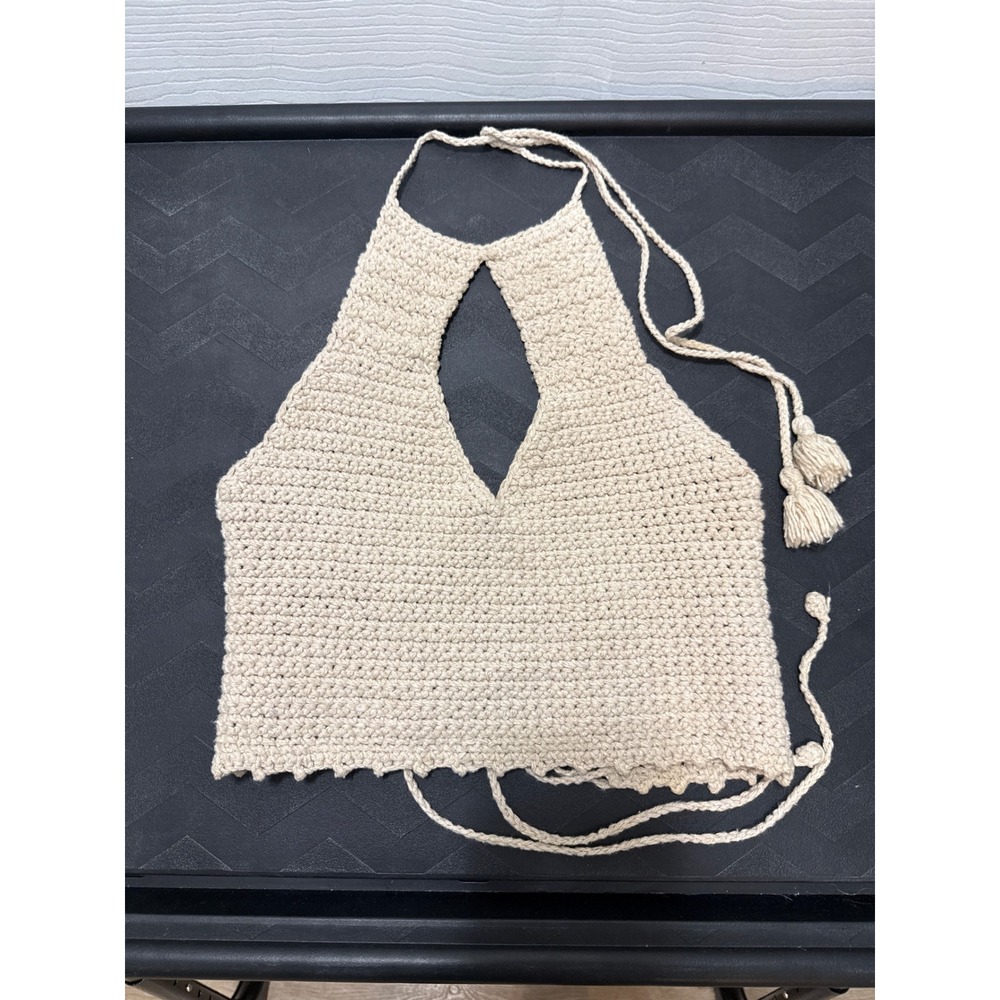 Handmade Crochet Halter Top Cream Beige Keyhole‎ Lace Up Boho Festival Small